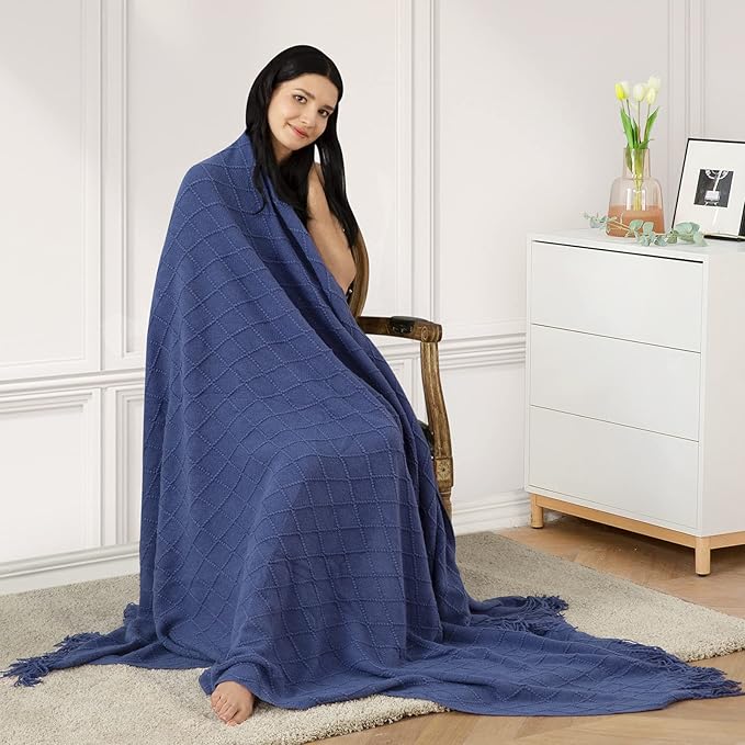 inhand Navy Blue Throw Blanket for Couch and Bed, Soft Living Room Home Decor Knitted Twin Size Blanket, Outdoor Lightweight Breathable Summer Blanket, Farmhouse Warm Woven Decorative, 60"x80"
