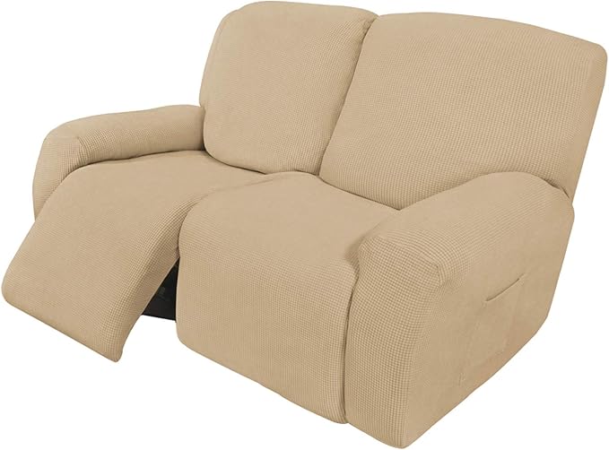 Easy-Going 6 Pieces Recliner Loveseat Stretch Sofa Slipcover Sofa Cover Furniture Protector Couch Soft with Elastic Bottom Kids, Spandex Jacquard Fabric Small Checks Sand