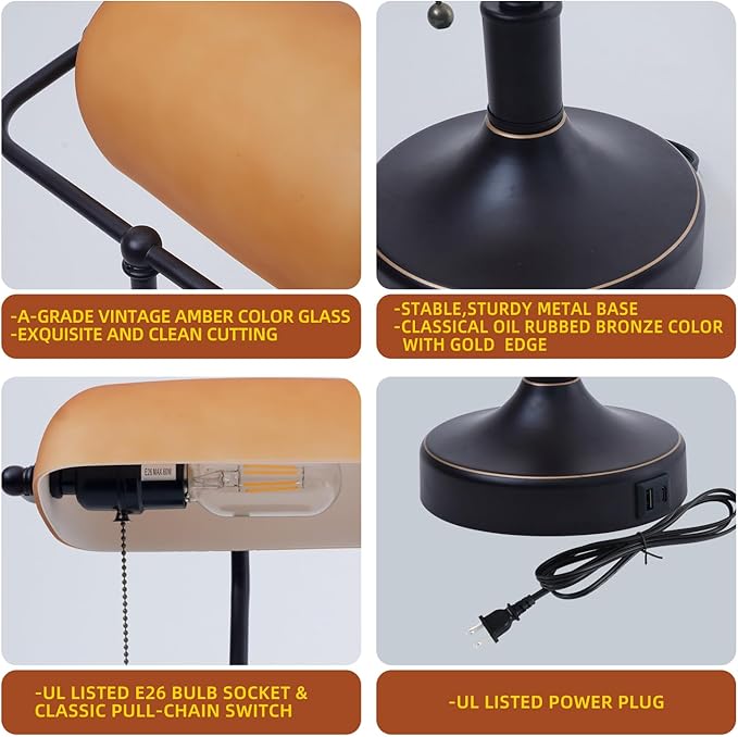 Vintage Bankers Desk Lamp with Pull Chain Switch, Traditional Desk Lamp with USB A and Type C Charging Port, Oil Rubbed Bronze Table Lamp with Amber Glass Shade for Office, Library, Study Room