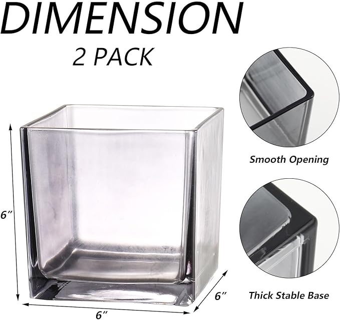 Square Grey Glass Vases Set of 2, 6" x 6" x 6" Square Vase for Centerpieces, Flower Vases for Centerpieces, Small Vase for Wedding, Party, Home Office Decoration