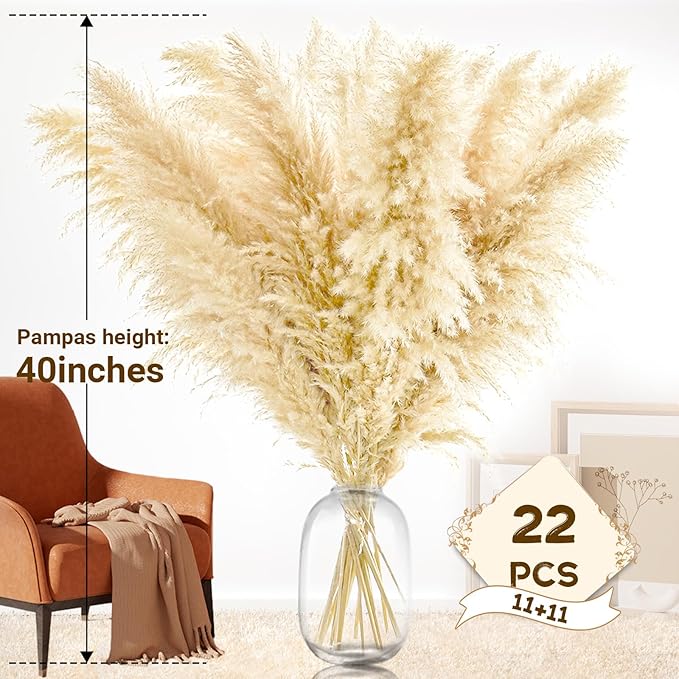 40" 22PCS Dried Pampas Grass Decor Tall,Large Natural Beige pompas Grass Tall Pampas Grass for Floor Vase,Wedding,Party,Farmhouse,Boho Home Decor,and Creating a Bohemian Ambiance