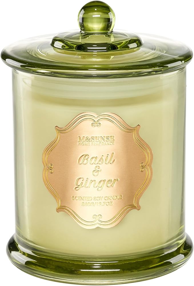M&SENSE Basil Ginger Scented Candles, Plant-Based Soy Candles Non Toxic Soot-Free, Relaxing Air Purifying Stress Relief on Bathtub, 2 Wick 12.7oz Large Jar Candle 75 Hour Long Lasting, Father Gifts
