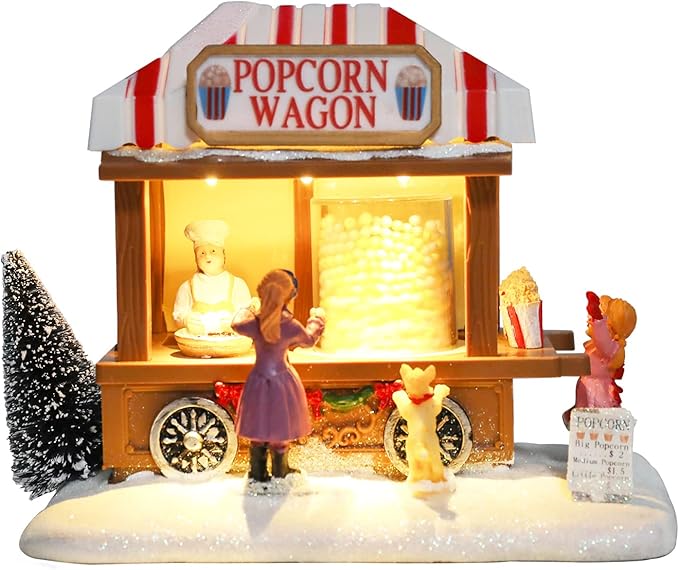 Christmas Village Collectible Buildings Christmas Village Houses Popcorn House with LED Light Musical USB Indoor Figurines Decoration Indoor Xmas Decor