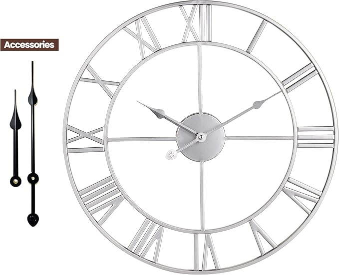 Large Wall Clock, Metal Retro Roman Numeral Clock, Modern Round Wall Clocks Almost Silent, Easy to Read for Living Room/Home/Kitchen/Bedroom/Office/School Decor (Silver, 16 Inch)