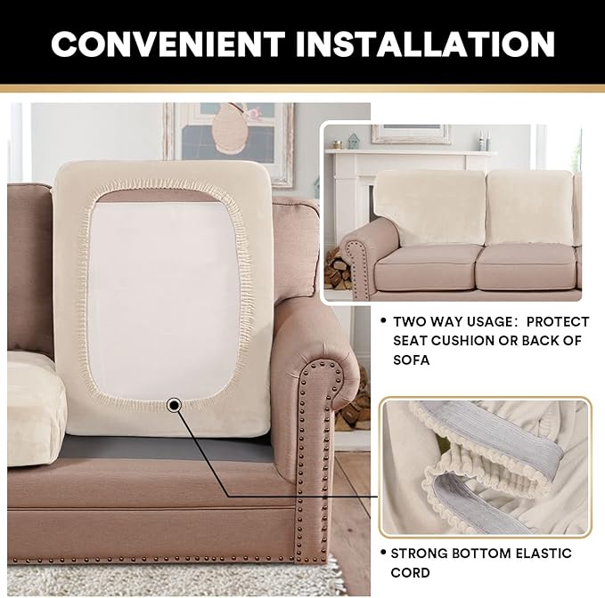 PrinceDeco Stretch Velvet Couch Cushion Cover,Soft Fitted Cushion Slipcover for Chair Cushion Furniture Protector Seat Cushion Sofa Cover Width Up to 29.5", Ivory