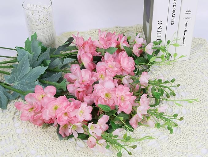 8PCS Pink Artificial Delphinium Flowers with Clematis Greenery Long Stem Artificial Flowers for Tall Vase for Home Wedding Floral Arrangement Centerpiece Table Decor (Pink)