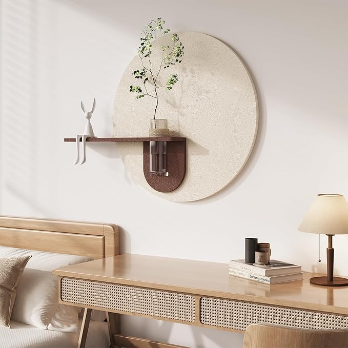 3D Textured Round Minimalist Wall Art with Vase, Neutral Wall Decor with Rabbit Sculpture, Abstract Geometric Artwork with Simulated Plants for Living Room Hallway Dining Room Bedroom Office, 31x24 In