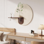 3D Textured Round Minimalist Wall Art with Vase, Neutral Wall Decor with Rabbit Sculpture, Abstract Geometric Artwork with Simulated Plants for Living Room Hallway Dining Room Bedroom Office, 31x24 In