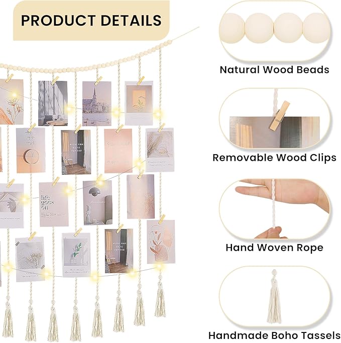 Macrame Hanging Photo Display Boho Wall Decor with String Lights Wooden Beads Garland Picture Frame Collage Holder with 45 Clips for Room, Bedroom, Dorm, Christmas Teenage Teen Girl Gifts (Beige, Large)