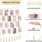 Macrame Hanging Photo Display Boho Wall Decor with String Lights Wooden Beads Garland Picture Frame Collage Holder with 45 Clips for Room, Bedroom, Dorm, Christmas Teenage Teen Girl Gifts (Beige, Large)