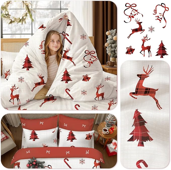 Christmas Comforter Set Full Size, Christmas Bed Set with Reindeer, Bows and Santa Claus Snowflakes Bells Bedding for Holiday, 3 Pieces 1 Reversible Comforter and 2 Pillowcases