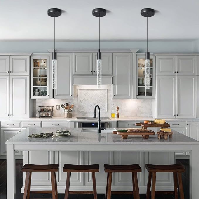 Modern Kitchen Island Pendant Light Dimmable LED Black Finish Mini Crystal Pendant Lighting Bedroom Bedside Table Small Pendant Lights（1-Pack）