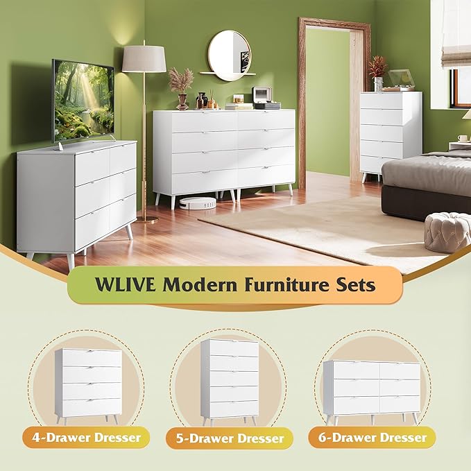 WLIVE 4 Drawer Dresser for Bedroom, White Tall Dresser, Modern Wood Dressers with Sturdy Metal Handle, Small Chest of Drawers for Living Room, Hallway