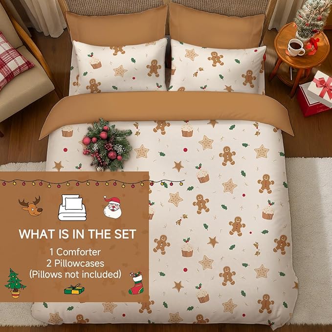Christmas Comforter Set Queen Size, Christmas Bed Set with Gingerbread Beige Bedding Set for Holiday, 3 Pieces 1 Super Soft Comforter and 2 Pillowcase