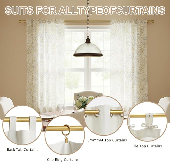 Gold Curtain Rod Adjustable,16-48 Inch Heavy Duty Telescoping 1 Inch Diameter Metal Window Rod Extendable Mounting Brackets Luxurious Gold Finish Home Decor Easy Install Modern Bedroom Living Room