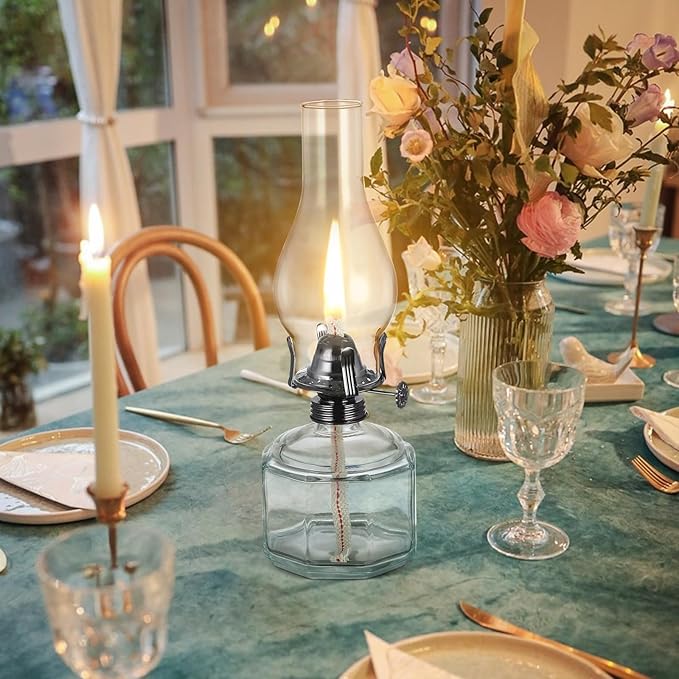 2 Pack Large Oil Lamp Vintage Glass Kerosene Lamp Antique Black Oil Lamps for Indoor Use Emergency Lighting Rustic Hurricane Lamp Clear Chamber Oil Lantern 12.5 Inch