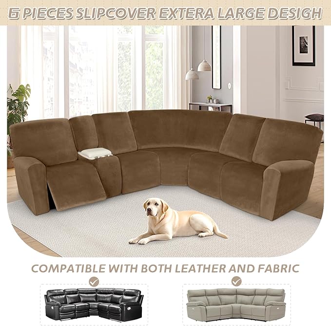 Arfntevss Sectional Recliner Couch Covers Velvet Washable Corner Sectional Sofa Cover for Reclining Stretch Soft Thick L Shape Recliner Slipcover Set (5 Seat with 1 Console Cover, Light Brown)
