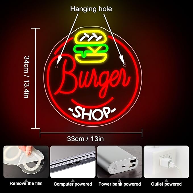 WLHOPE Hamburger Shop Neon Sign Hamburger Neon Signs for Wall Decor Dimmable Hamburger Neon Lights LED Light Up Sign for Hamburger Shop,Bar,Restaurant,Food Shop,Pub Decoration