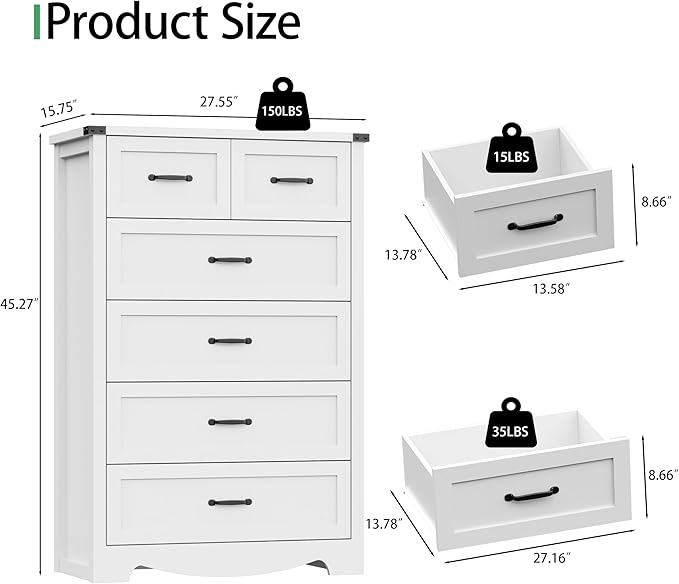 Dresser for Bedroom with 6 Drawers, 46" Tall Wood Chest of Drawers with Deep Drawers & Mental Handle, Modern Dresser TV Stand, Wooden Closet Storage Organizer for Living Room, Hallway, Entryway, White