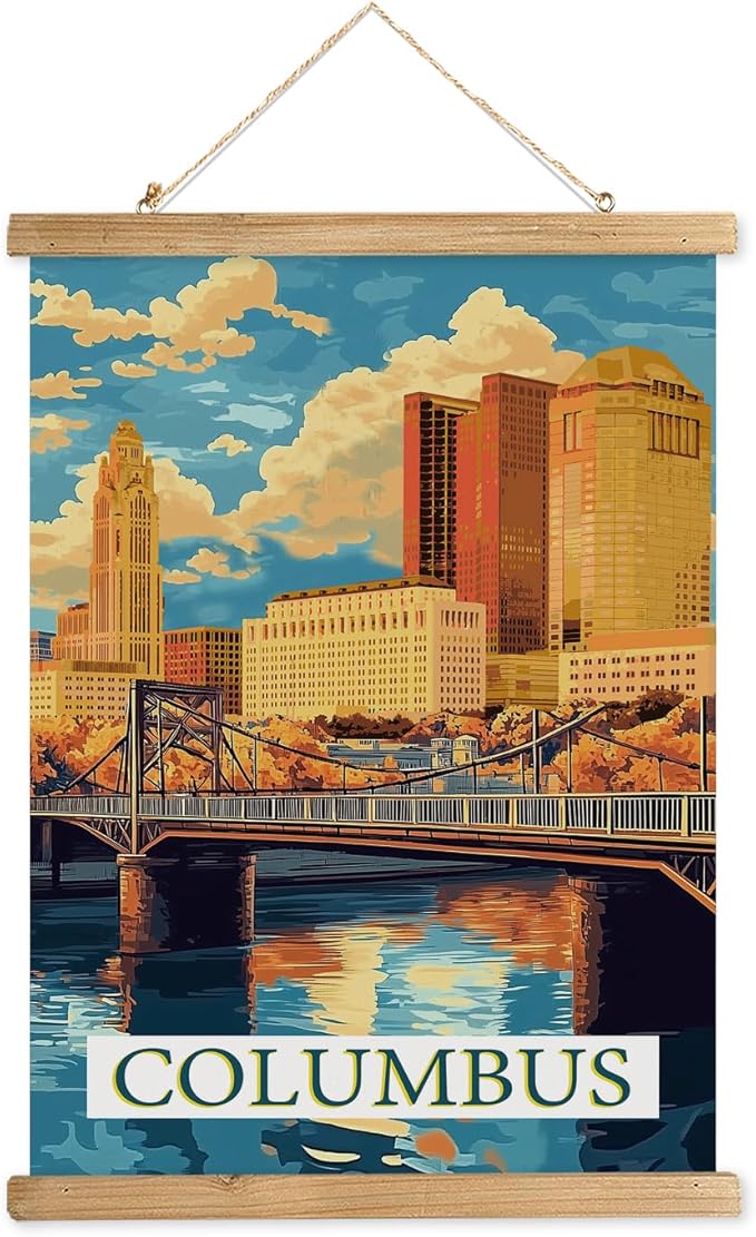 WREVERW Vintage Columbus Poster Canvas Print with Wooden Hanger Frame, Featuring Scioto River Bridge and Iconic LeVeque Tower, Wall Art for Home and Office Decor, 16x23 inches