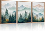 HLNIUC Misty Mountain Forest Framed Wall Art Set,Green Fog Pine Tree Wall Decor,White Foggy Forest Senic Canvas Wall Painting,Fogforest Landscape Art Print for Living Room,Bedroom,Office - 16”x24”x3
