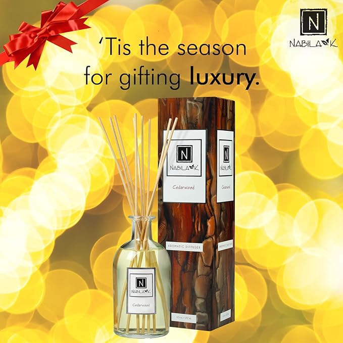 Nabila K Cedarwood Reed Diffuser Set – Warm Woodsy Aromatic Oil for Home – Long-Lasting, Smokeless Scent – Made in USA – Includes Reeds + Bottle – Flameless Candle Alternative