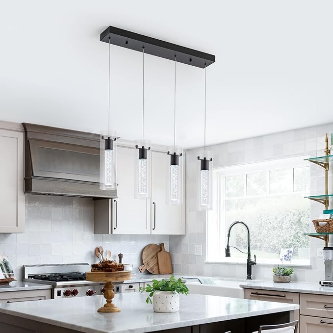 Pendant Light fixtures, Integrated 4-Light Pendant Lighting Black Finish, Dimmable Pendant Lights Kitchen Restaurant, Dining Room