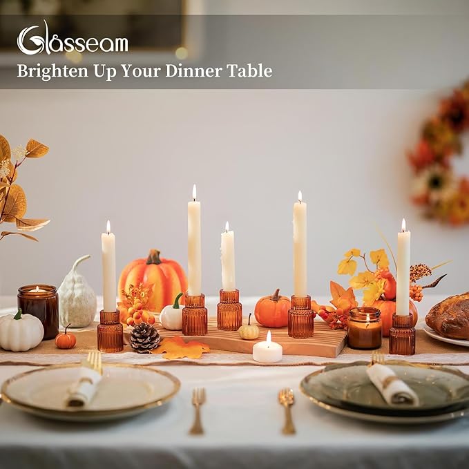 Glasseam Glass Tapered Candlestick Holders: Amber Taper Candle Holders Set of 2 Ribbed Small Candle Stick Holder for Table Centerpiece Fall for Christmas Party Halloween Thanksgiving Decor