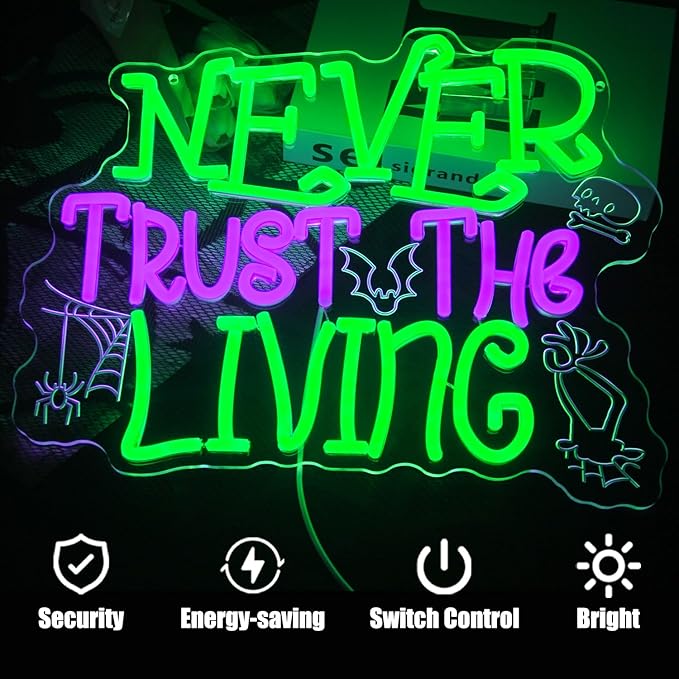 Never Trust The Living Neon Sign Halloween Neon Light Horror Skull LED Sign for Wall Dimmable Spider Web Bat LED Lights Signs for Bar Haunted Mansion Chamber of Secrets Spooky House Decor
