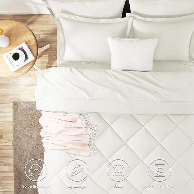 CozyLux King Size Comforter Set Ivory - 7 Pieces Bed in a Bag King, Luxury Soft Bed Set for All Seasons, Bedding Set with Down Alternative Comforter, Sheets, Pillowcases & Shams