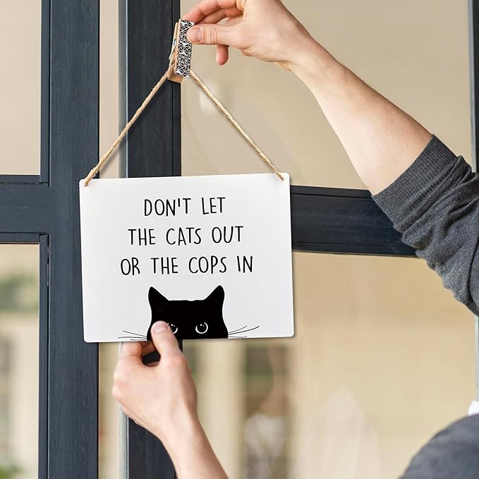 Wall Pediments Cat Welcome Sign,Don't Let the Cats Out or the Cops in Sign,Cat Hanging Welcome Sign for Front Door,Cat Decor,Cat Gifts,Cat Gifts for Cat Owners,10x8 Inches