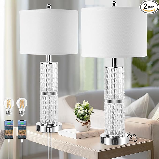3-Way Touch Control Crystal Table Lamps Set of 2, Silver Modern Bedside Lamp with 2 USB Ports & AC Outlets for Living Room, 26' Tall Desk Lamps with White Drum Shade for Bedroom, 2 Free Bulbs Included