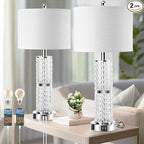 3-Way Touch Control Crystal Table Lamps Set of 2, Silver Modern Bedside Lamp with 2 USB Ports & AC Outlets for Living Room, 26' Tall Desk Lamps with White Drum Shade for Bedroom, 2 Free Bulbs Included