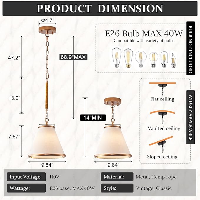 3-Pack Vintage Brass Kitchen Pendant Lighting Over Island White Linen Pendant Light 10in Copper Pendant Lighting with Hemp Rope Rod Entryway Ceiling Hanging Light for Dining Room