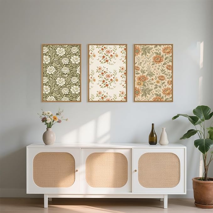 Celestdeco Vintage Pastoral Floral Framed Canvas Wall Art Set, Boho Colorful Flower Wall Decor, Peony Wildflower Wall Painting, Retro Botanical Art Prints for Living Room, Bedroom, Office - 24"X36"X3