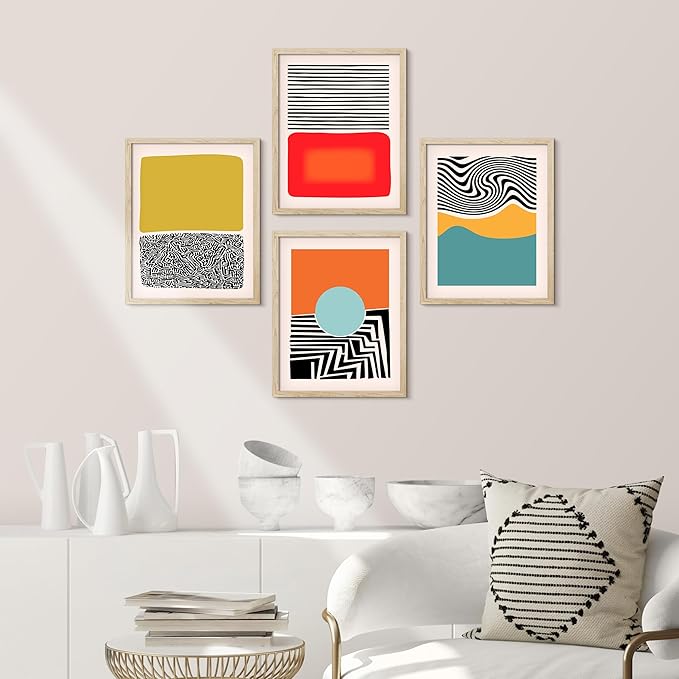 SIGNWIN Framed Mid-Century Modern 1980s Geometric Wall Art, Set of 4 Color Blocks Wall Decor Prints, Nature Wilderness Wall Décor for Living Room, Bedroom - 8"x10" Natural