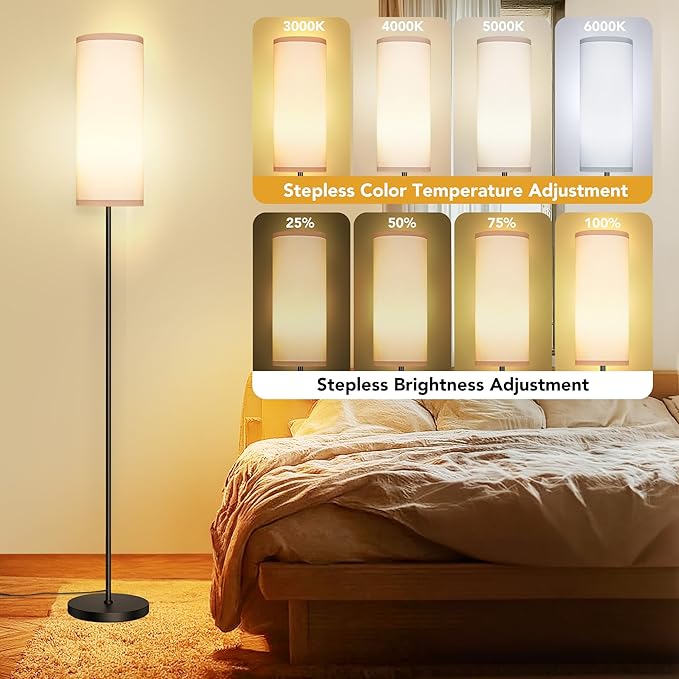 PARTPHONER Modern Floor Lamp with Remote Control - Stepless Dimmable LED Bulb, Adjustable Color Temperature & Brightness, Minimalist Tall Lamp for Living Room, Bedroom, Office, White
