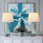 27.5" Coastal Glass Table Lamp Set of 2, 3-way Dimmable Full Touch Control Beach Lamp with USB A+C Port, Glass Nautical Bedside Lamp with White Shade for Living Room Bedroom(LED Bulbs Included)