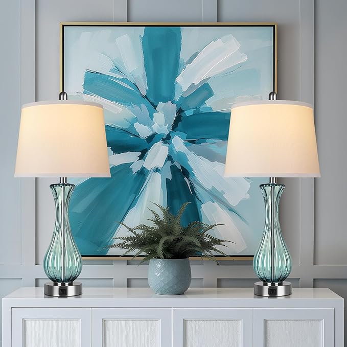 27.5" Coastal Glass Table Lamp Set of 2, 3-way Dimmable Full Touch Control Beach Lamp with USB A+C Port, Glass Nautical Bedside Lamp with White Shade for Living Room Bedroom(LED Bulbs Included)