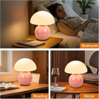 Mushroom Table Lamp, Ceramic Base with Milky White Glass Shade, Vintage Dimmable Bedside Nightstand Lamp for Bedroom, Reading, Home Décor, Gift for Friends Pink