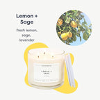 Calyan Wax Co. 3 Wick Candle, Lemon + Sage Scented Candle, 43 Hour Burn Time, 3 Wick Soy Candles, Non Toxic & Vegan Soy Wax, Glass Jar Scented Candles, 14.9oz