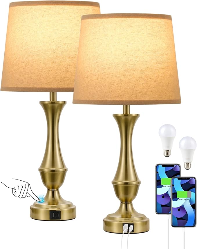 Upgraded Touch Lamps for Night Stands Set of 2 - Bedside Lamps with USB C+A, 3 Way Dimmable for Bedroom Living Room End Tables Office (Oat Shade&Coppery Base)