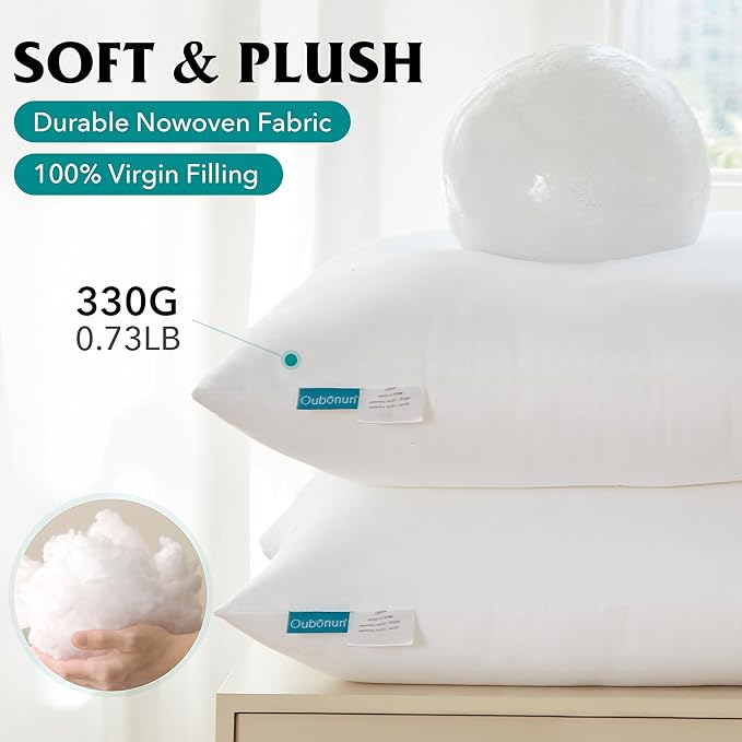 Oubonun 16 x 16 Throw Pillow Inserts - Soft, Plush & Decorative Down Alternative Pillows for Couch Sofa Bed, Machine Washable - White, Pack of 2