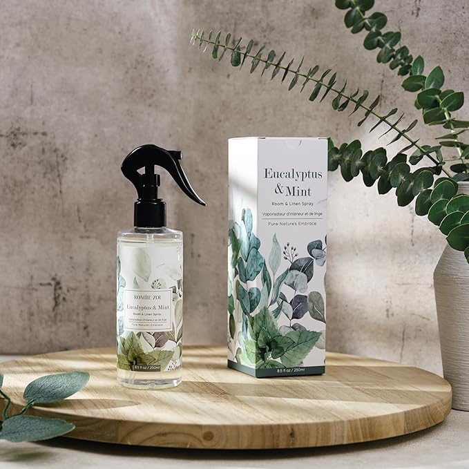 ROMIIE ZOI Linen & Room Air Freshener Spray Room Mist, with Natural Plant Extract, Eucalyptus & Mint Scent, 8.5 FL OZ.