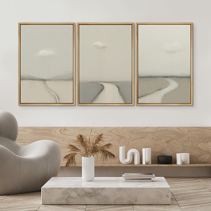 SIGNWIN Framed Canvas Print Wall Art Minimalist Rain Cloud Abstract Neutral Landscape Photography Modern Art Minimalist Black and White for Living Room, Bedroom, Office - 24"x36"x3 Natural