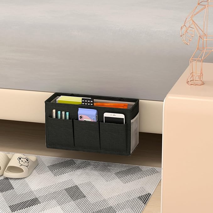 Dual-purpose Bedside Caddy Bedside Organizer, Bed Caddy with 6 Pockets, Versatile Bedside Storage Solution Magazine Remotes holder, ideal for Home, Dorm, Hospital, Crib Bed (Black 2 pcs)
