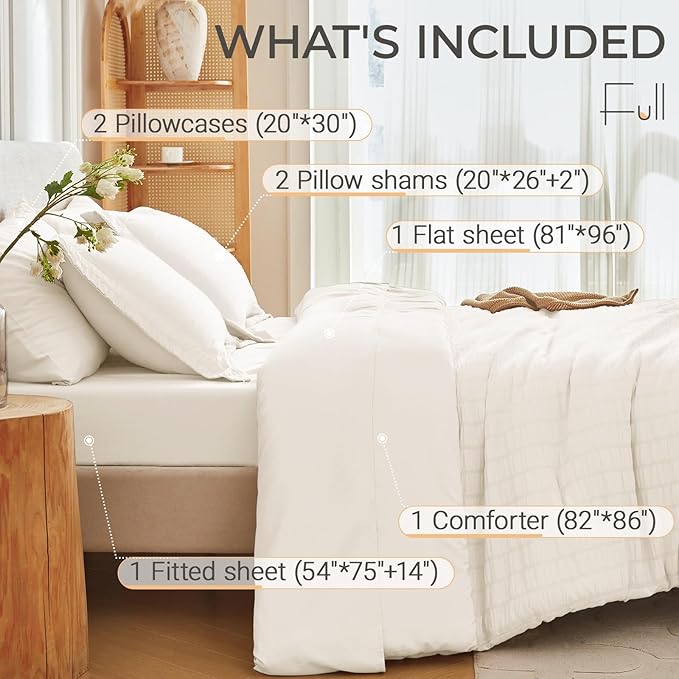 MUXHOMO 7 Pieces Full Comforter Set, Seersucker Bed in a Bag Full Size, All Season Luxury Bedding Set with Comforter, Flat Sheet, Fitted Sheet, Pillowcases & Shams, Ivory