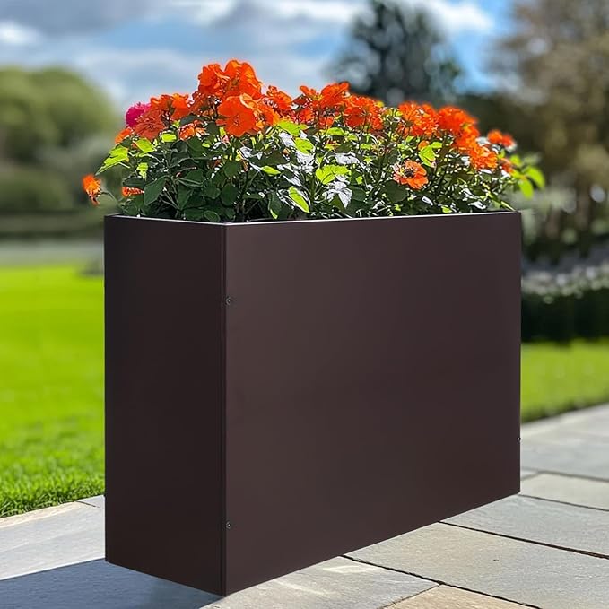 Metal Rectangular Planter Box Tall Planters for Outdoor Plants Modern Heavy Duty with Drainage Holes for Outside Indoor Patio Deck - Brown, 32”x 12”x 24”