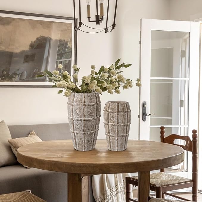 Briful Rustic Terracotta Flower Vase for Home Decor – 9" Brown Farmhouse Textured Barrel-Style Ceramic Vase Vintage Handcrafted Gridded Design for Faux & Dried Flowers Living Room Table Centerpiece