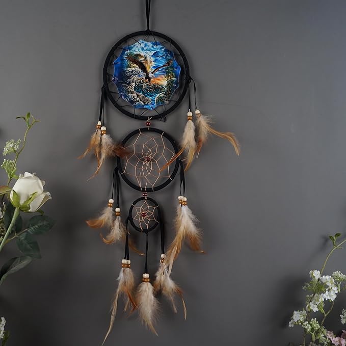 Remorelt Wolf Eagle Bear Dream Catcher Bedroom Wall Decor, Christmas Home Decoration, Room Accessory, White Moon Feather Decoration - Unique Home Craft Wall Pendant (DC04 13Inch Set 3 Mix)